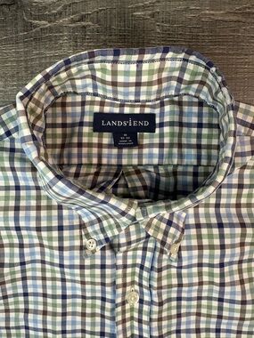 Lands' End Men's Navy, Green & Brown Plaid Casual Button-Down Shirt 16”